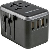 Verbatim Adaptateur universel de voyage UTA-04, Prise de voyage Noir/Argent, 3x USB-A, 2x USB-C